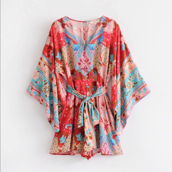 Boho Gypsy Ruby Floral Print Kimono Romper - Picture 5 of 8